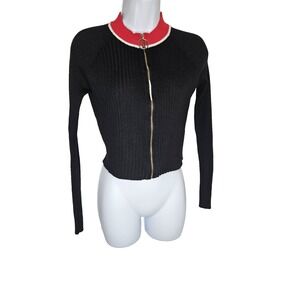 QED London Black Ribbed Zip Up Cropped Sweater Ring Pull Sz M